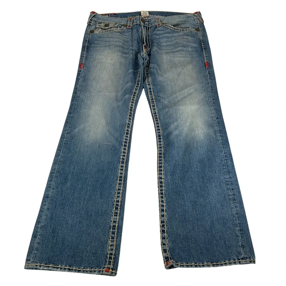 True Religion Ricky Super T Mens 40 Blue Jean Red Thick Stitch Straight Made USA